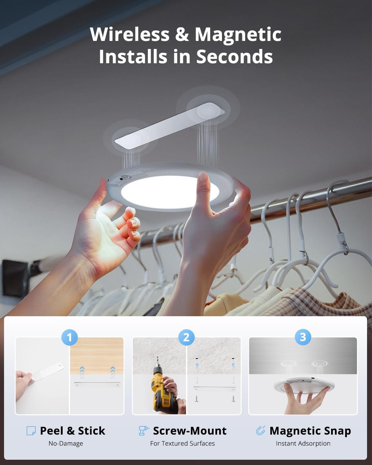 Combuh 4-Pack Battery Powered Motion Sensor Light, 7.48" IP44 Waterproof Shower Lamp Without Wiring, Ultra Thin 3 Colors Adhesive Overhead Lightting for Garage, Bedroom, Kitchen, Round