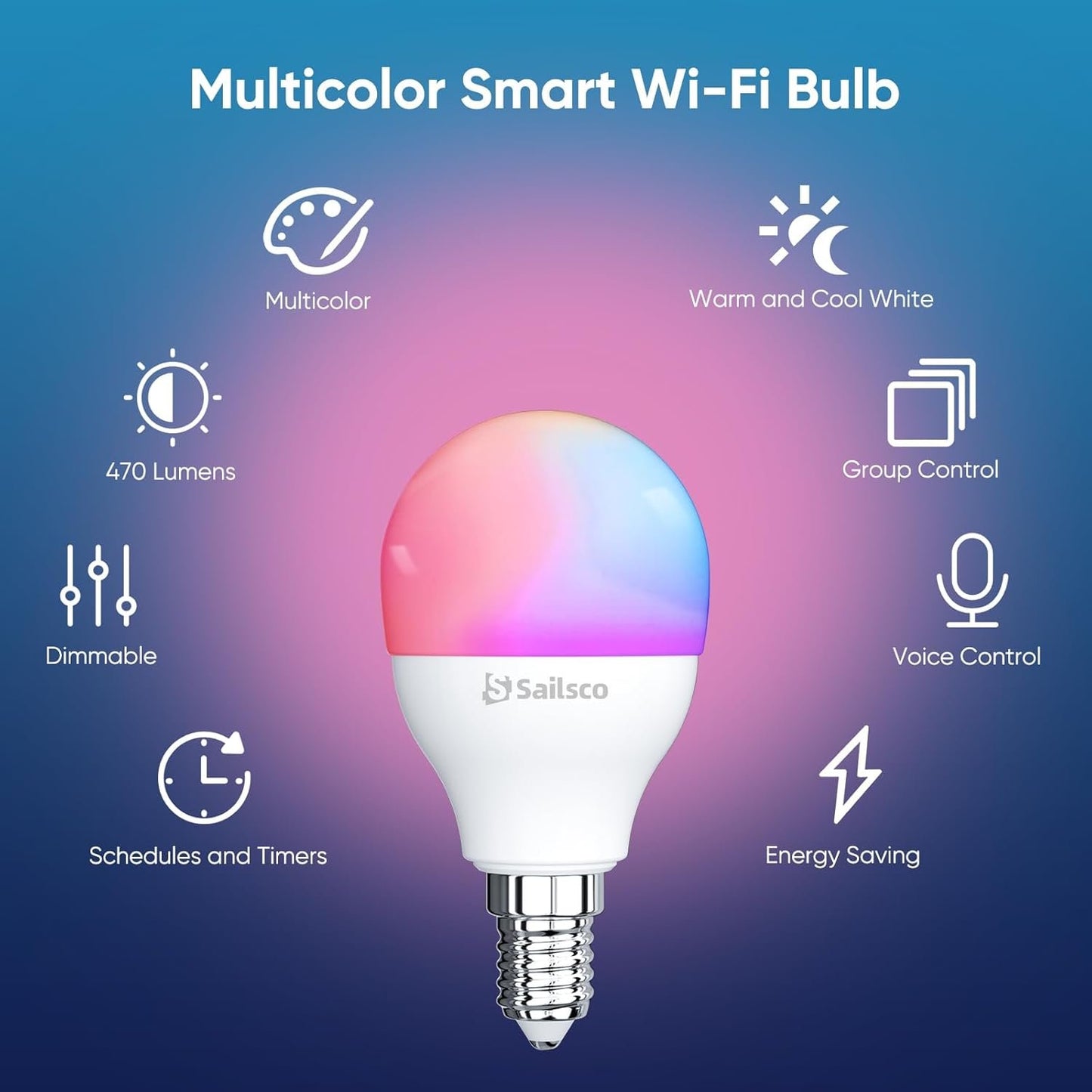 sailsco Matter Smart Bulb, E14 WiFi Smart LED Light Bulb Compatible with Alexa and Smart Life, Multi-Colour, RGB & 2700K-6500K, Dimmable, 4.9W Equivalent 40W, Voice Control, G45 470LM, Pack of 4