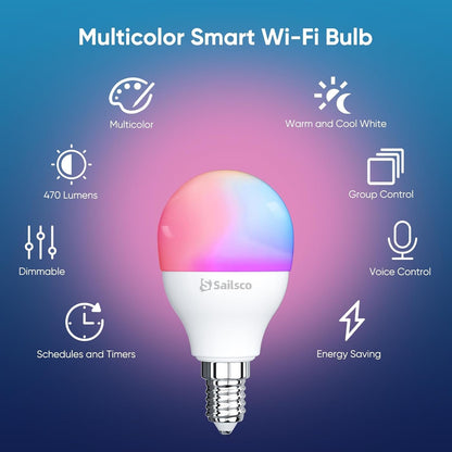 sailsco Matter Smart Bulb, E14 WiFi Smart LED Light Bulb Compatible with Alexa and Smart Life, Multi-Colour, RGB & 2700K-6500K, Dimmable, 4.9W Equivalent 40W, Voice Control, G45 470LM, Pack of 4