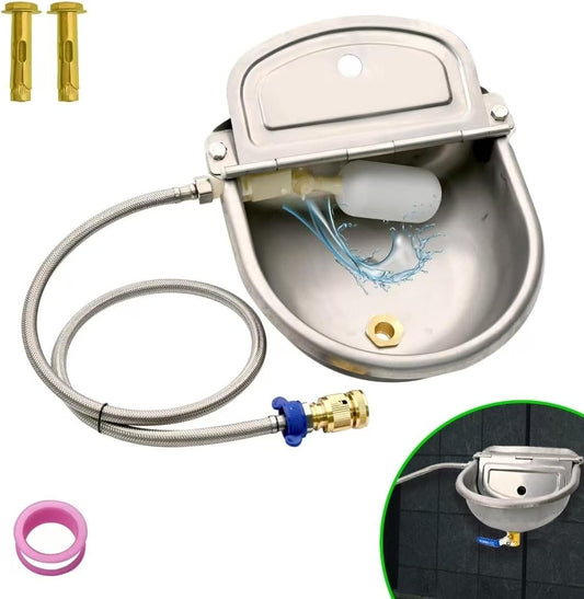 Boajf Automatic Water Dispenser for Dogs, Auto Water Dog Bowl with Drain Valve, Livestock Large Waterer 2 Gallon with Float Valve, Stainless Steel Water Trough with Hose Connector for Horse, Chicken