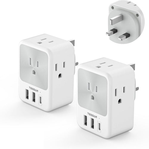 UK Plug Adapter, TESSAN Canada to UK Power Adapter with 4 Outlets 3 USB (1 USB C Port), Type G Travel Plug for England British Ireland Scotland Dubai, 2 Pack