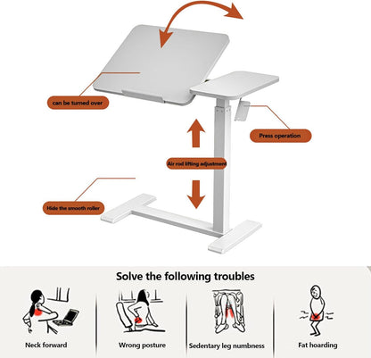 Medical Tiltable Overbed Table, Pneumatic Height Adjustable, Laptop Desk with Wheels, Mobile Standing Desk, Rolling Computer Cart, Suitable for Hospital and Home Use (Walnut Coloured)