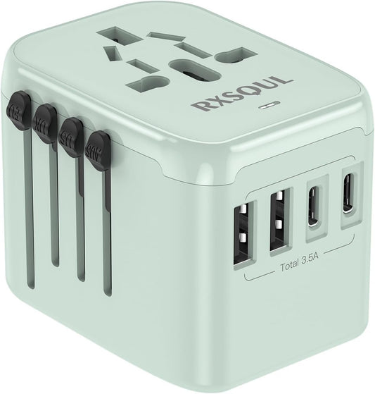 RXSQUL Universal International Power Travel Plug Adapter, 5 in 1 European Travel Plug Adapter W/ 3.5A 2xUSB-A and 2xUSB C Wall Charger and Worldwide AC Outlet for Europe USA UK AUS Asia-Green
