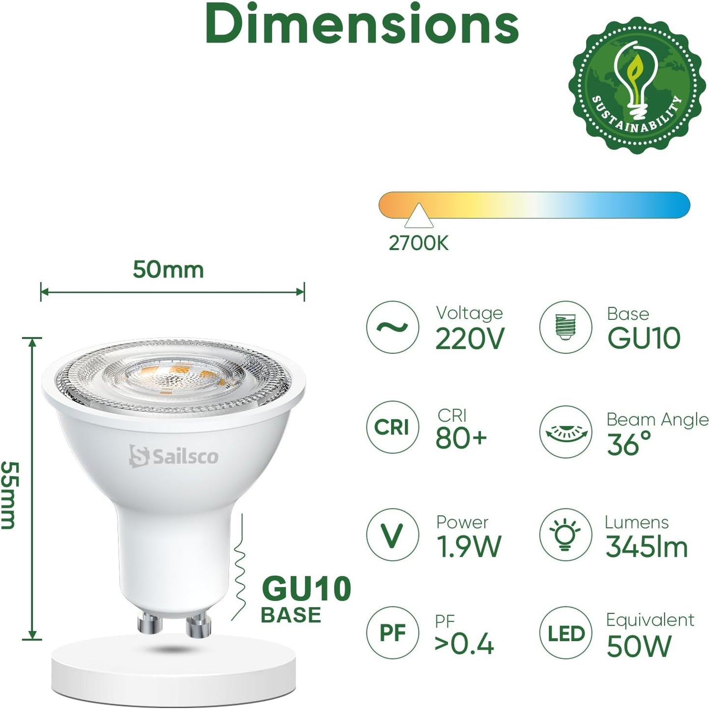 sailsco Class A GU10 LED Spot Bulbs, 1.9 W (50 W Equivalent), 345 Lumens, 2700 K Warm White, Energy Saving GU10 LED, Long Life, Low Consumption, 36° Beam Angle, Not Dimmable, 12 Pieces