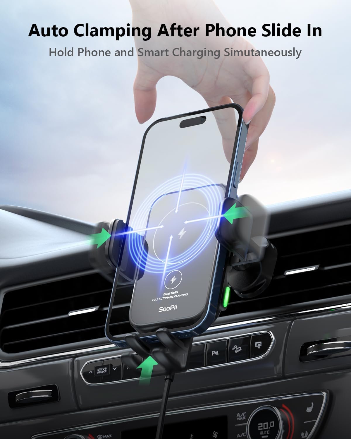 SooPii Dual Coils Wireless Car Charger,15W Fast Smart Alignment Wireless Charging Car Mount, Full Auto-Clamping Car Phone Holder Charger for lPhone 15/14 Pro,Samsung Galaxy Z Fold4/3/Flip4/3/S23