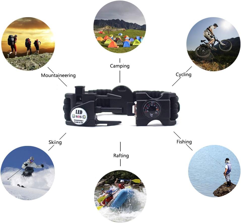 21 in 1 Survival Bracelet, 7 Core Paracord Emergency Sports Wristband Gear Kit Waterproof Compass, SOS LED Light, Thermometer, Rescue Whistle, Fire Starter Multi-Tool Wilderness Adventure Accessories, Nylon