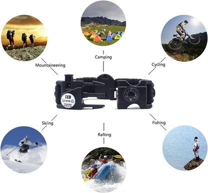 21 in 1 Survival Bracelet, 7 Core Paracord Emergency Sports Wristband Gear Kit Waterproof Compass, SOS LED Light, Thermometer, Rescue Whistle, Fire Starter Multi-Tool Wilderness Adventure Accessories, Nylon