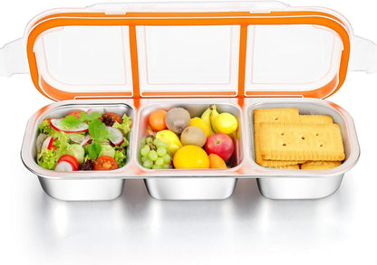 Abekuta Stainless Steel Snack Containers, Reusable Condiment Box with Lids, 3 Compartment Sauce Cups, Divided Food Storage Containers for School, Home, Travel
