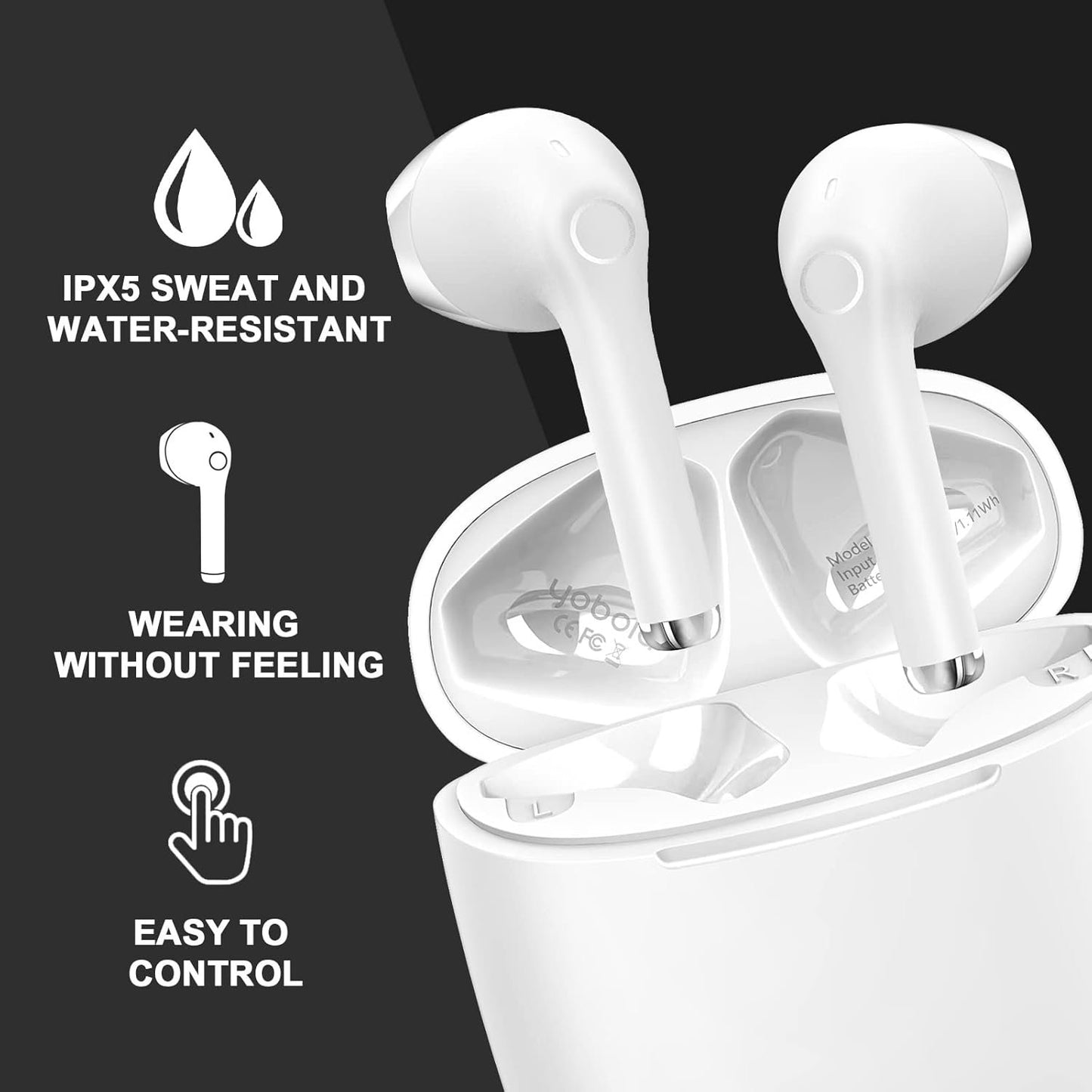 yobola Wireless Earbuds, Bluetooth Earphones, IPX5 Waterproof Wireless Earphones Touch Control, Bluetooth Earbuds 5.1 Built-in Microphone, 25 Hrs with USB-C Charging - White
