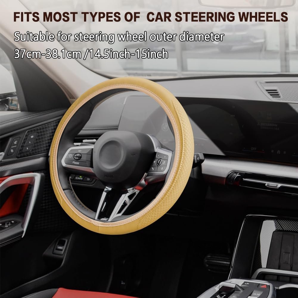 deemars Car Steering Wheel Cover, 15 Inch Universal Microfiber Leather Car Steering Wheel Cover, Car Interior Accessories for Men and Women (Beige)