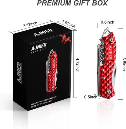 AJNIER 14 in 1 Swiss Style Folding Pocket Knife, Keychain Knife, Multitool Keychain, Army Knife, Scissors, Bottle Opener, Saw, All in One Tool for Men Women (red)