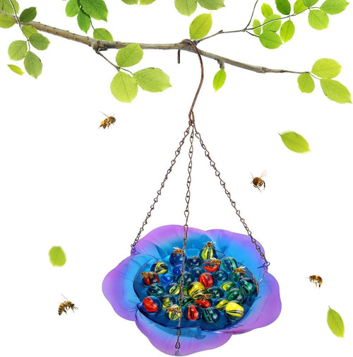Bee Feeder with Vivid Flower Design, Anti-Rust Iron Bee Watering Station for Feeding,Colorful Butterfly Bath Bowl Bee Cups with 30 Glass Marbles for Feeding Butterfly Bath Bowl with