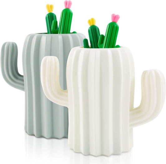 CIOUYAOS 2 PCS Cactus Pen Holder, Cute Pen Organizer Container and 4 PCS Cactus Gel Pen, Multifunction Pen Cup for Desk Accessories Cosmetic Makeup Stationery Storage (AK20)