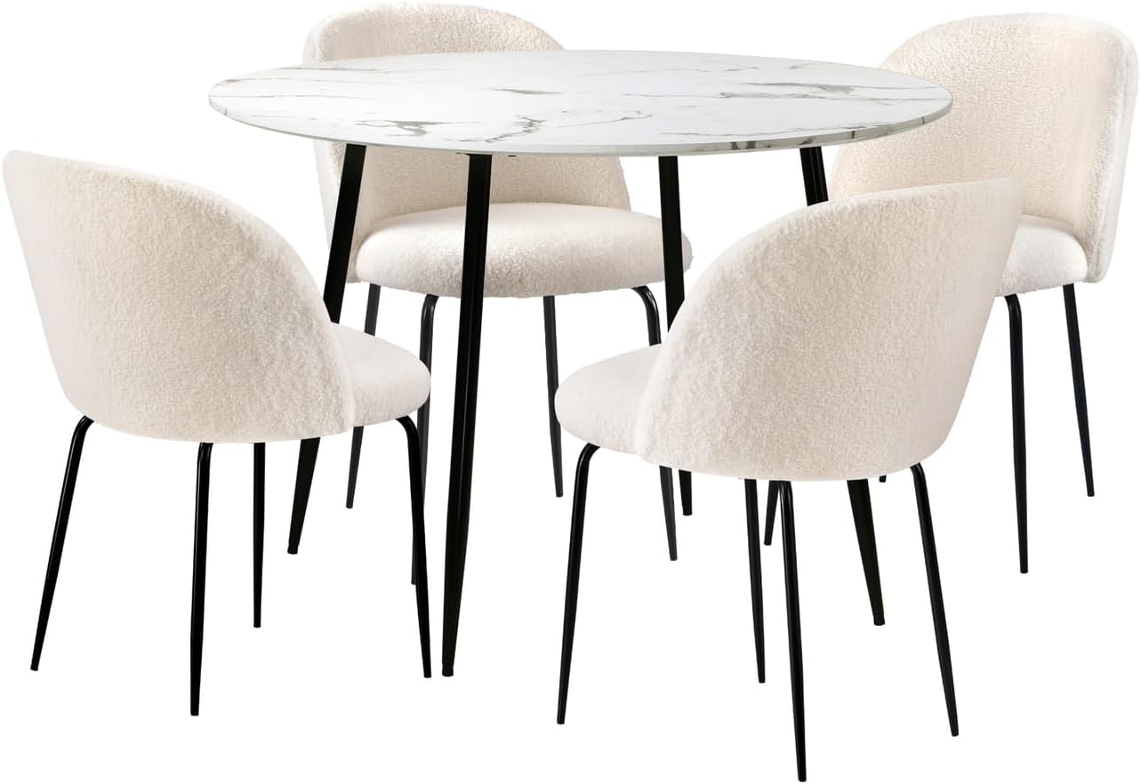 Oikiture Dining Sets with Marble Round Dining Table and Sherpa Dining Chairs Set of 4 White