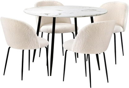 Oikiture Dining Sets with Marble Round Dining Table and Sherpa Dining Chairs Set of 4 White