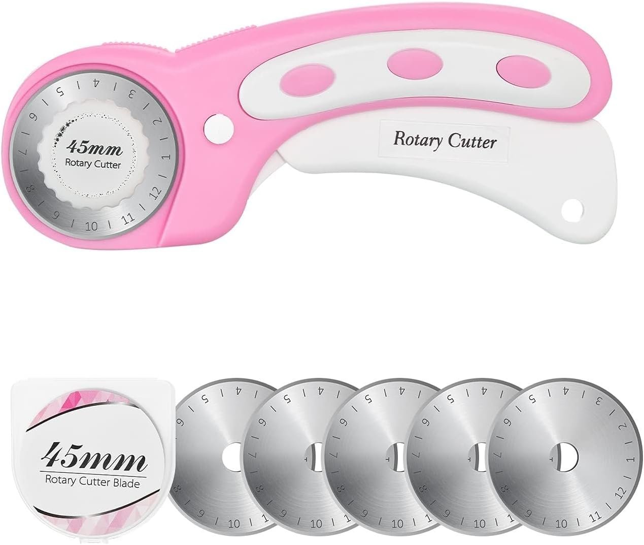 45mm Rotary Cutter with 5pcs Extra Blades, Ergonomic Handle Rolling Cutter with Safety Lock for Fabric, Leather, Crafting, Sewing, Quilting, Fabric Rotary Cutter Perfect for Left & Right Hand (Pink)