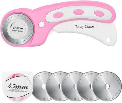 45mm Rotary Cutter with 5pcs Extra Blades, Ergonomic Handle Rolling Cutter with Safety Lock for Fabric, Leather, Crafting, Sewing, Quilting, Fabric Rotary Cutter Perfect for Left & Right Hand (Pink)
