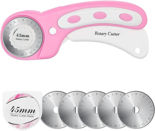45mm Rotary Cutter with 5pcs Extra Blades, Ergonomic Handle Rolling Cutter with Safety Lock for Fabric, Leather, Crafting, Sewing, Quilting, Fabric Rotary Cutter Perfect for Left & Right Hand (Pink)