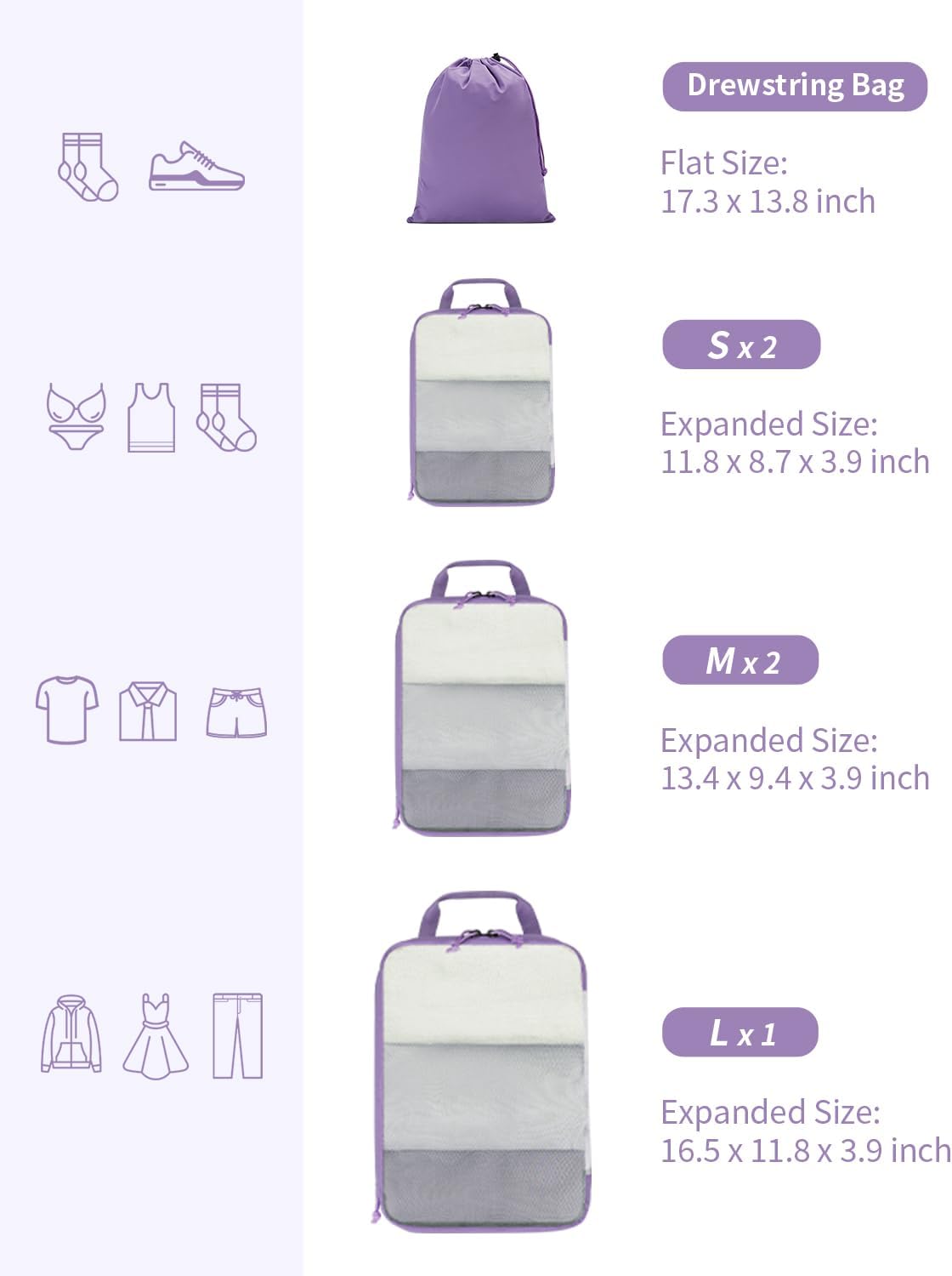 ECOHUB 6pcs Compression Packing Cubes Set for Backpack Suitcases, Expandable Travel Organiser with Shoes Bag, Ultra-resistant Packing Organiser for Carry On Luggage