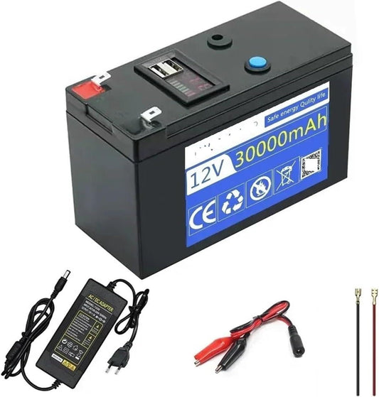 12V 30Ah Lithium Battery Pack - Rechargeable 18650 Battery for Solar Energy, Electric Vehicles, and LED Lights with 12.6V 3A Charger(10000mAh charger)