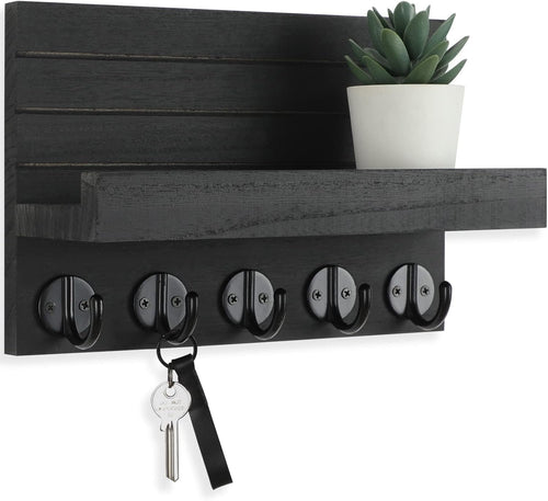Lwenki Key Holder for Wall, Decorative Key and Mail Holder with Shelf Has Large Key Hooks for Bags, Coats, Umbrella – Paulownia Wood Key Hanger with Mounting Hardware (Black)