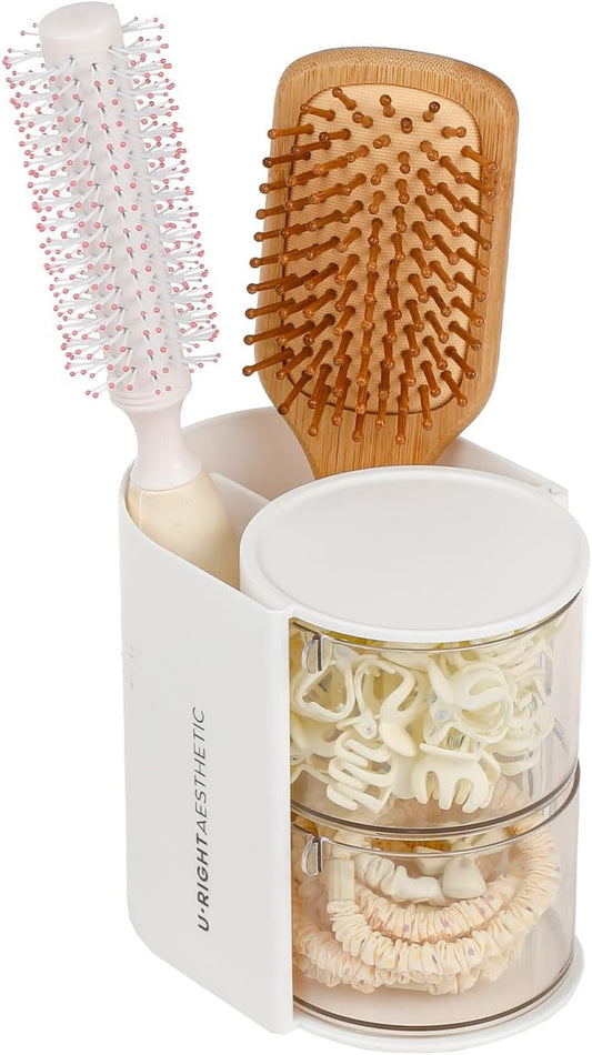 FABROK 2-Layer Clear Hair Accessories Organizer with Hair Brushes Holder, Rotatable Small Jewelry Box for Necklaces、Earring, Desktop Organizer Case for Makeup Brushes, Hair Accessories, Cotton Swab