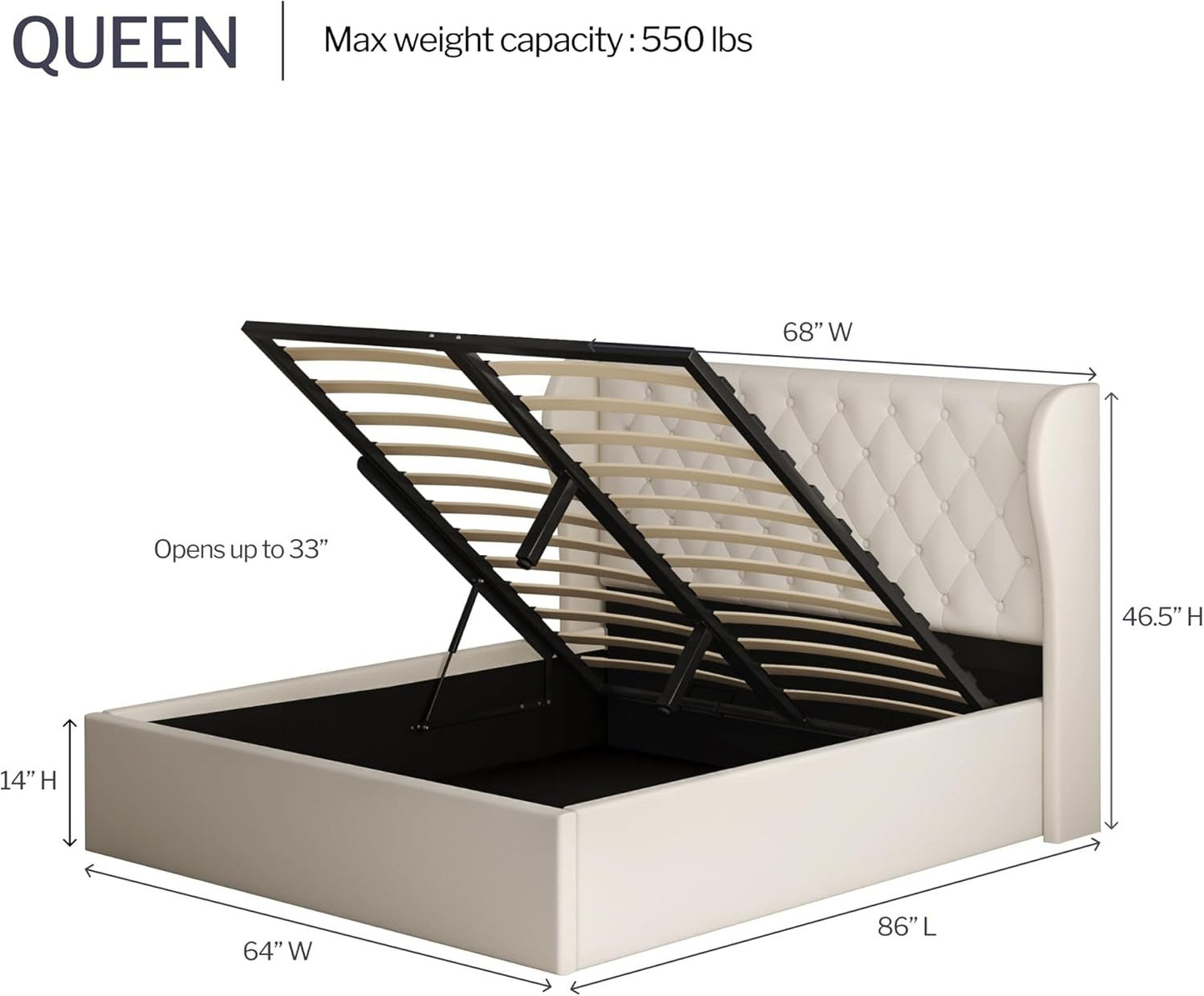 Brittany Velvet Queen Bed Frame with Storage, Metal Bed Frame Queen Size with Headboard & Hydraulic Storage, Modern Wingback Design