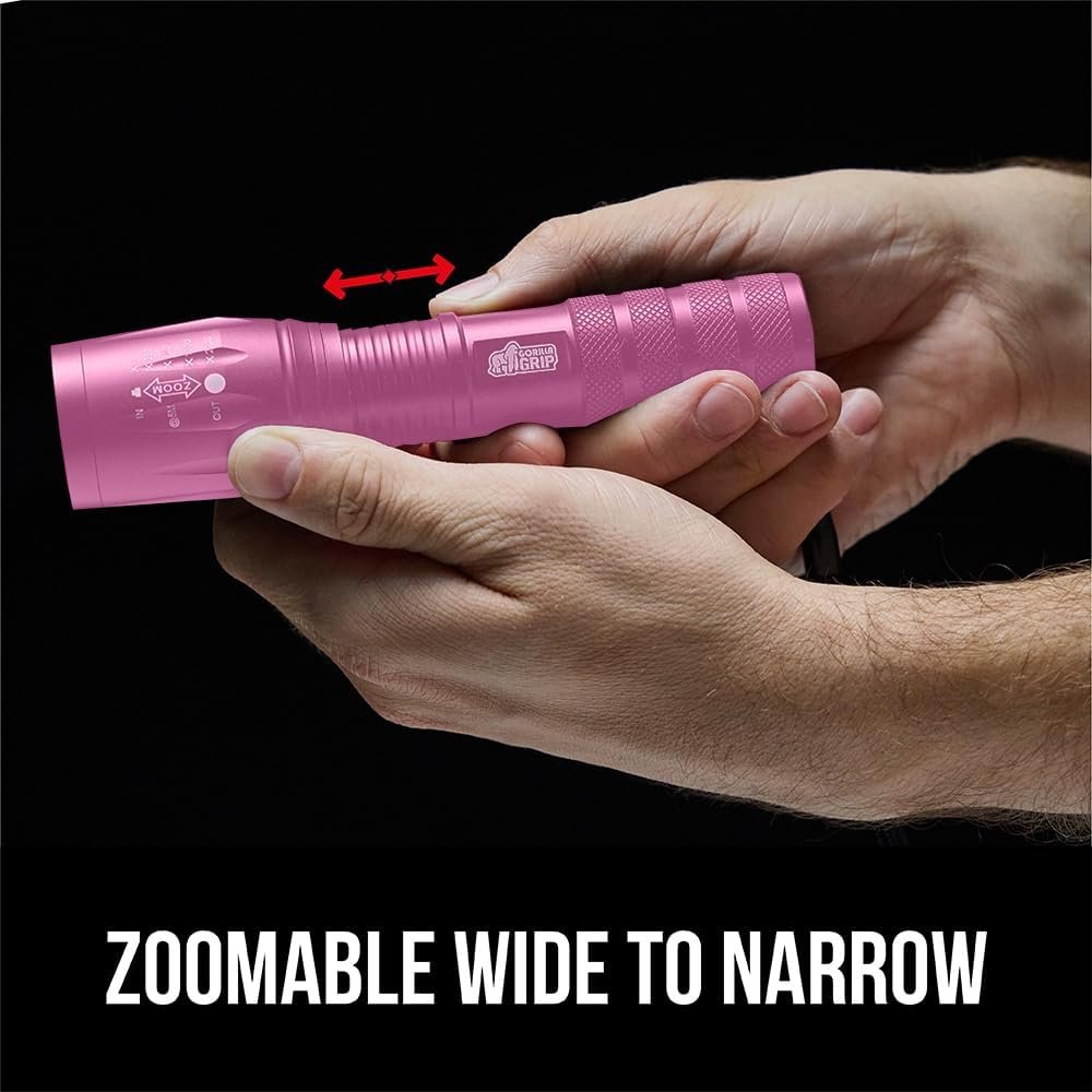 GORILLA GRIP Powerful LED 750 FT Water Resistant 5 Adjustable Mode Tactical Flashlight, High Lumens Ultra Bright Battery Life Zoom Flashlights, Small Camping Car Mini Flash Light Accessories, Pink