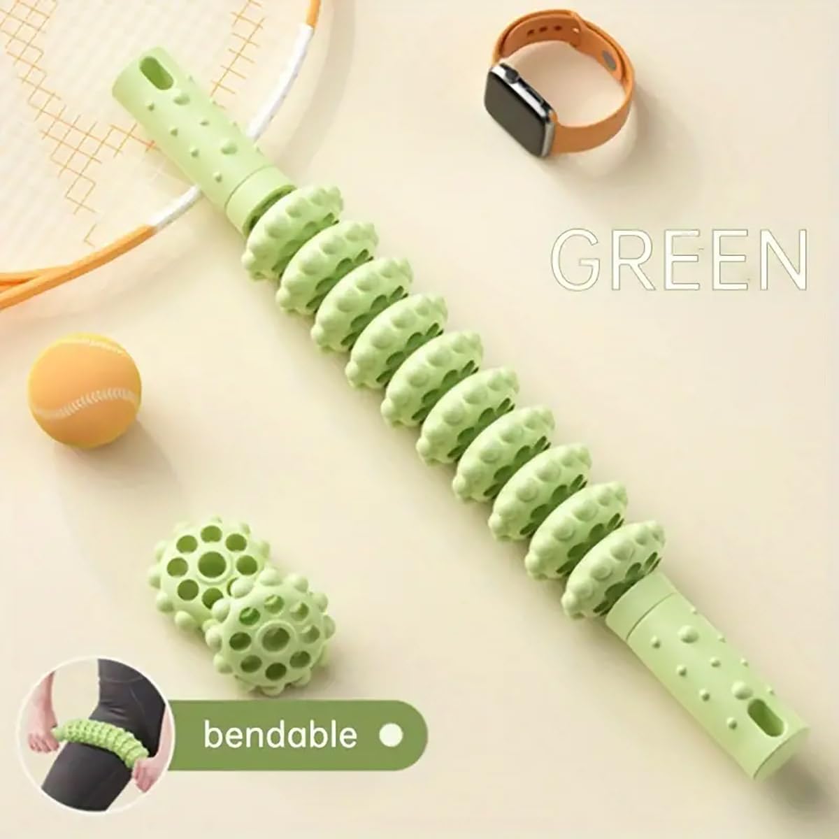 AIMALL Mace Massage Roller for Muscle Relaxation, Yoga Fitness Tool, Arm & Calf Slimming Roller Stick with Non-Slip Grip, Adjustable Roller, 14.96in Long, Pink/Green/Blue