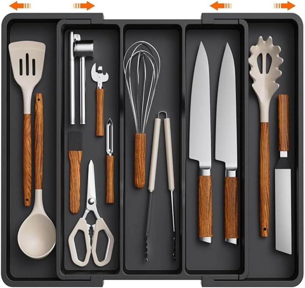 Frafuo Expandable Drawer Organizer For Kitchen-Adjustable Cutlery Tray & Silverware Drawer Organizer-Large Utensil Organizer For Forks, Knives-Multipurpose Kitchen Organizers And Storage