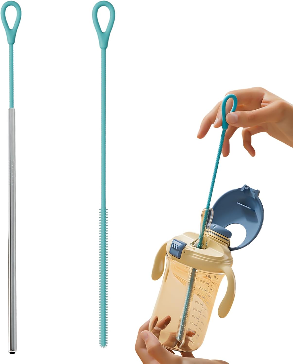 Straw Brush, 2 Pieces Silicone Straw Cleaner Brushes, Reusable Long Handle Cleaning Tool, Non-Slip Pipe Washer to Your 6mm, 9mm Straws, Ideal for Mugs, Cups, and Baby Bottles