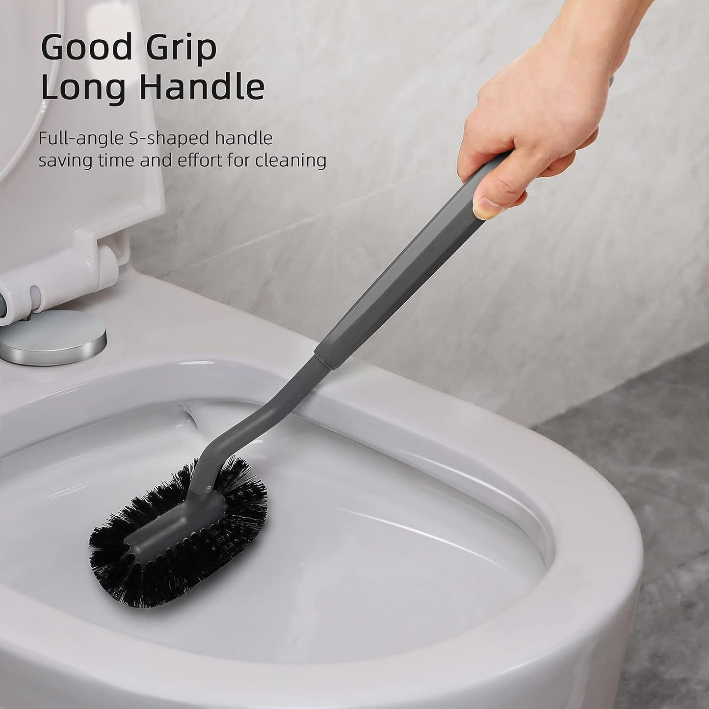 HAMITOR Toilet Brush and Holder Set: Curved Design Bathroom Toilet Bowl Cleaner Brush for Deep Cleaning Under Rim- Flexible Bristles Toilet Scrubber with Long Handle- Modern Travel RV Tools- Gray
