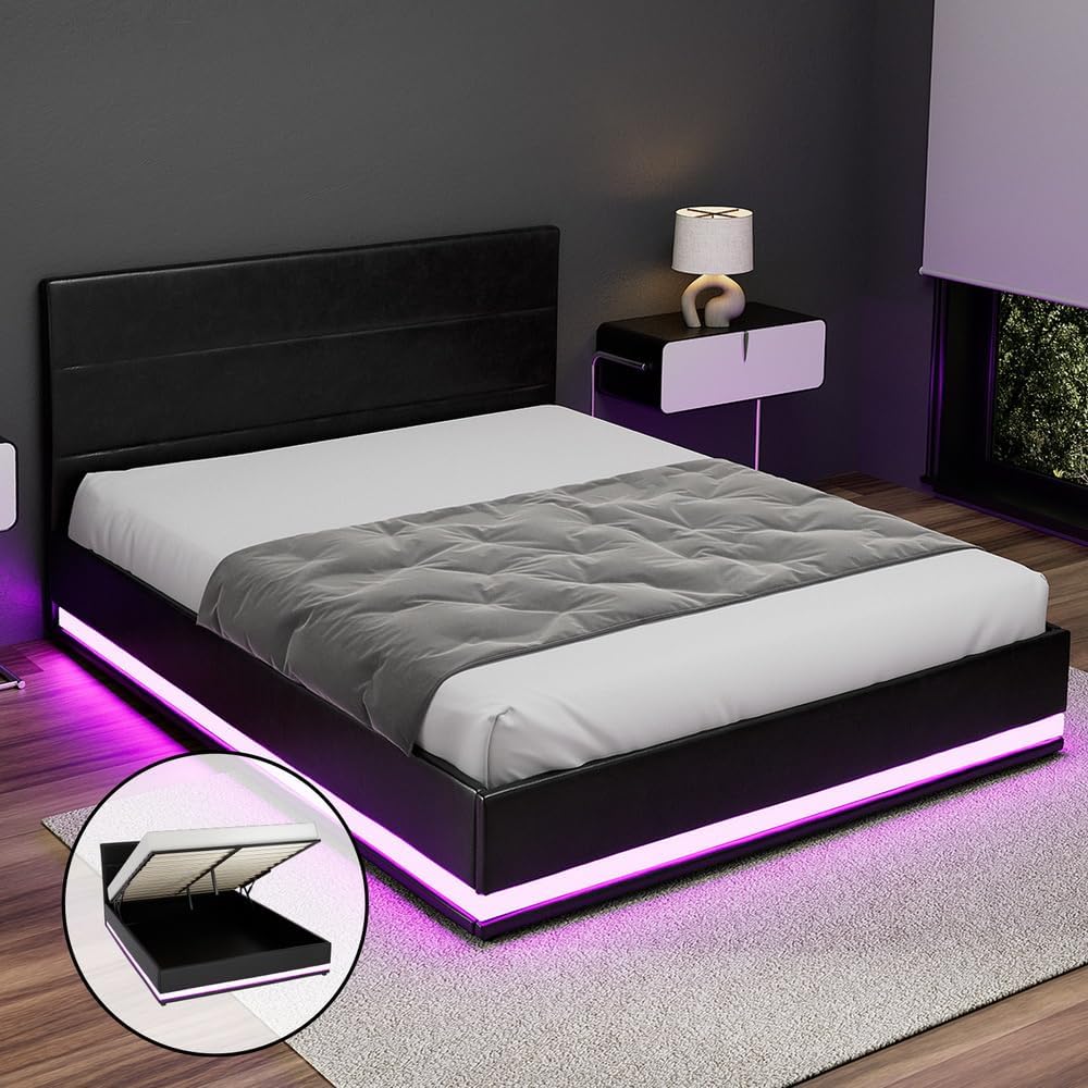 Artiss Queen Bed Frame Platform Headboard RGB LED Gas Lift Beds Base with Storage Space Frames Bedroom Room Decor Home Furniture, Upholstered with Black PVC Leather + Foam + Wood
