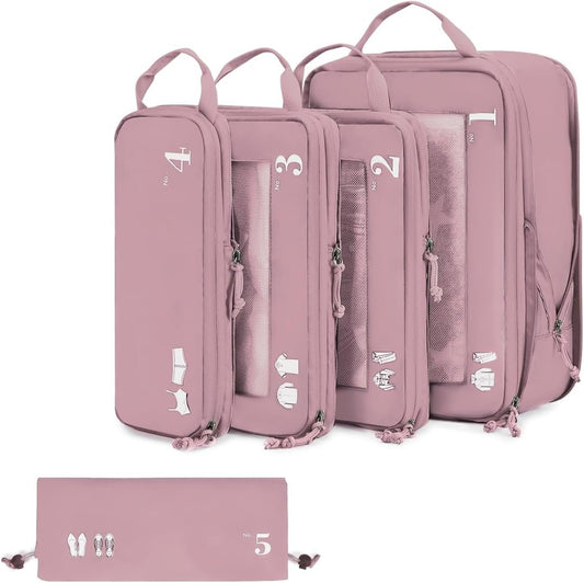ECOHUB 5 Set Compression Packing Cubes for Suitcases Organiser Bags Set Travel Essentials with Shoe Bags for Travel Tear-resistant Travel Accessories with ID Tag Expandable Packing Bags(Pink)