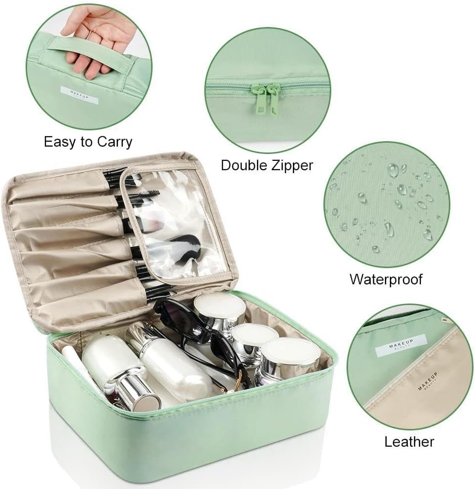 Aucuu Women Beauty Case Travel Cosmetic Organizer Travel Makeup Bag with Double Face Pocket Travel Toiletry Bag for Travel/Outdoor, #4 Green (M), M, Toiletry Bags