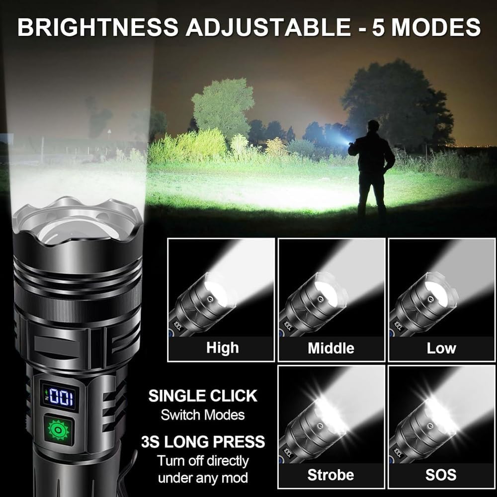 Flashlights High Lumens Rechargeable, 990,000 Lumens Super Bright Flashlight with LCD Digital Display,IPX7 Waterproof,Zoom,Powerful Tactical Flashlight for Emergencies, Camping