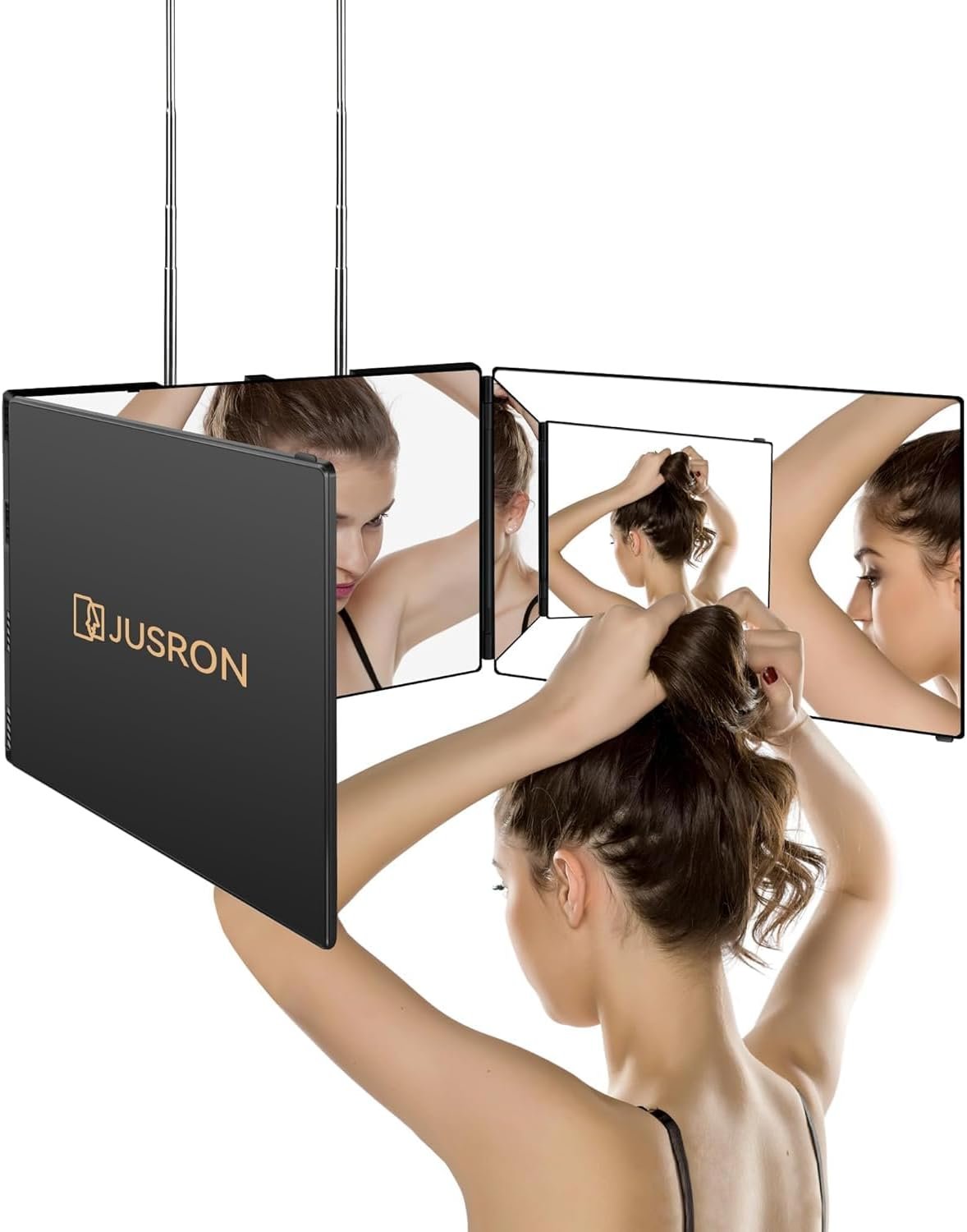 3 Way Mirror for Self Hair Cutting, 360 Trifold Self Haircut Mirror 3 Sided Makeup Mirror to See Back of Head with Height Adjustable Hooks, for Hair Cutting, Makeup, Shaving, Braiding, Styling