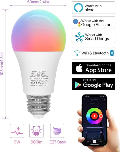 LUTW Smart Light Bulb, E27 Screw LED Bulb Colour Changing, Compatible with Alexa, Google Home, 9W 900lm RGBCW 2700K-6500K Bluetooth &WiFi 2.4GHz, Pack of 2 (No Hub Required)