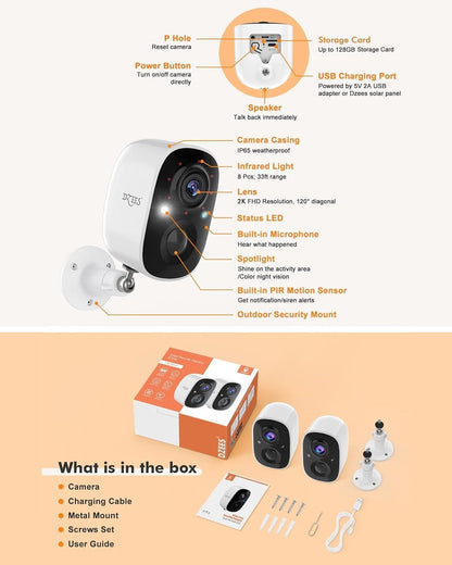 Dzees Outdoor Camera Wireless, Battery Powered WiFi Surveillance Camera for Home Security System with Siren Alarm & Spotlight, Motion Detection, Color Night Vision, IP65 Waterproof Cloud/SD-2-Pack