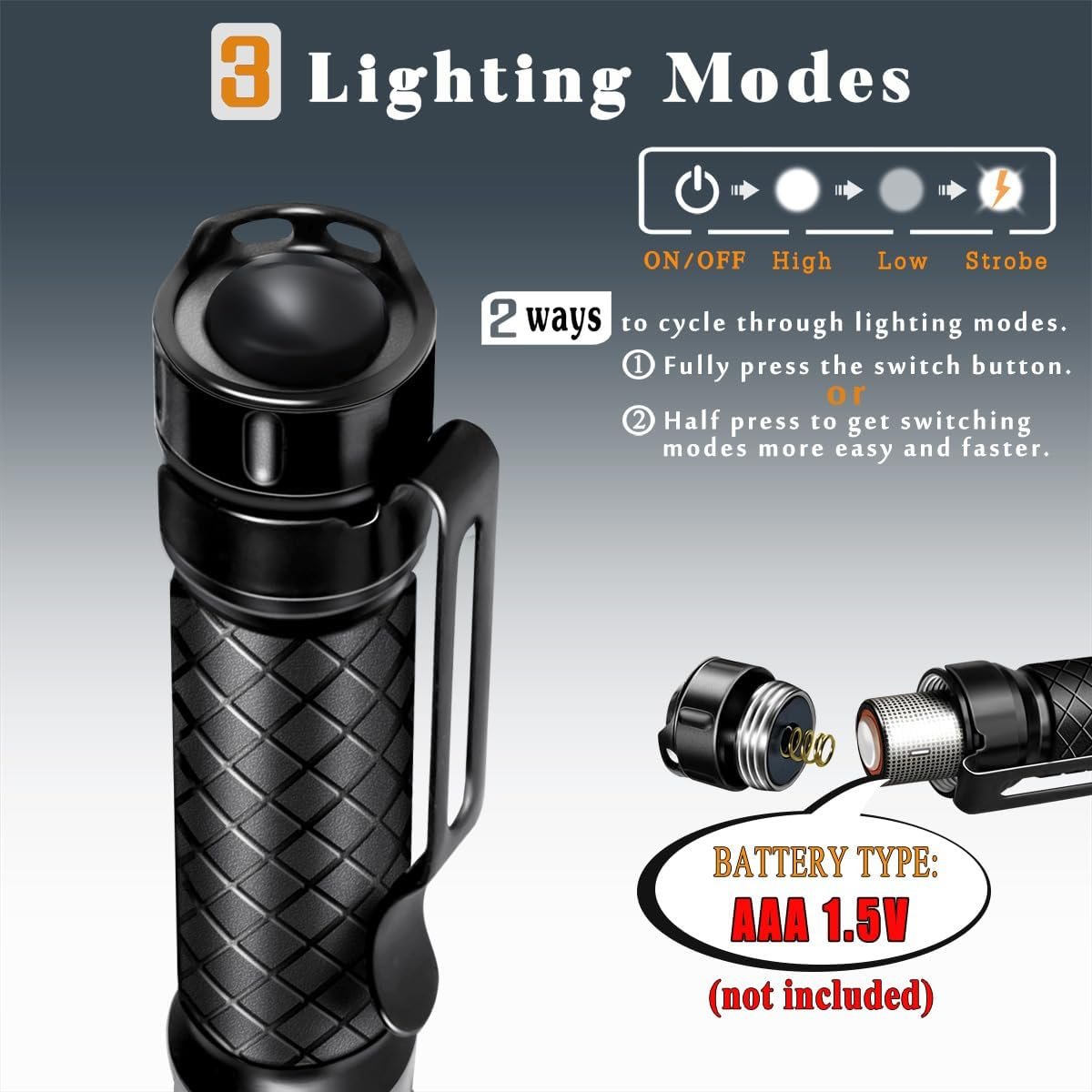 Mini Flashlight Small Flashlights LED Powerful High Lumens Tactical Pen Light with Clip,3 Modes Slim Portable Pocket Compact Torch for Emergency Inspection AAA Battery Water-Resistant (3.4 & 5.2 inch)