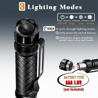 Mini Flashlight Small Flashlights LED Powerful High Lumens Tactical Pen Light with Clip,3 Modes Slim Portable Pocket Compact Torch for Emergency Inspection AAA Battery Water-Resistant (3.4 & 5.2 inch)