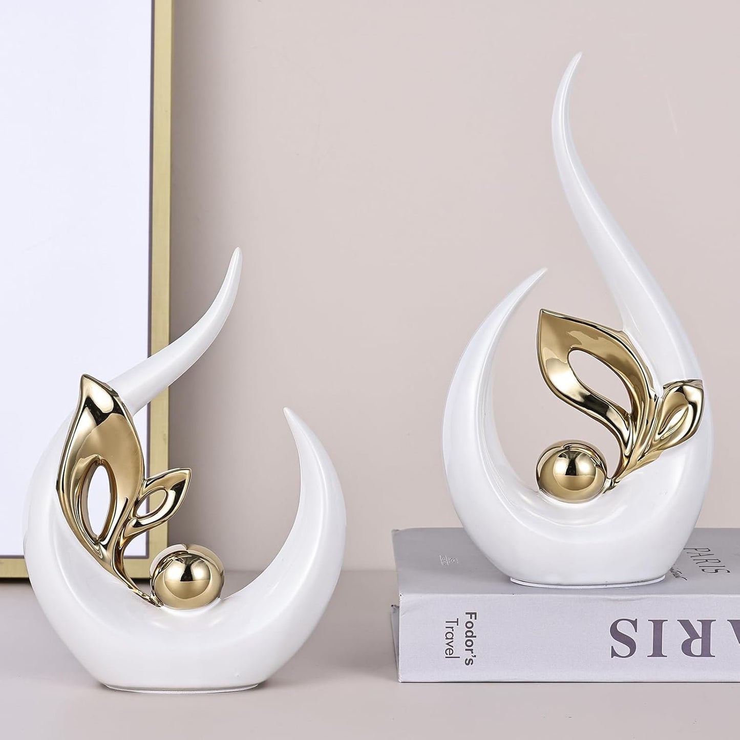 White Gold Abstract Sculptures Home Decor, Ceramic Art Statue Cool Stuff to Put on Shelves&tv Stand Decor, Gold Accent Entertainment Center Decor, Ideal Fireplace Coffee Table Dining Table Decor