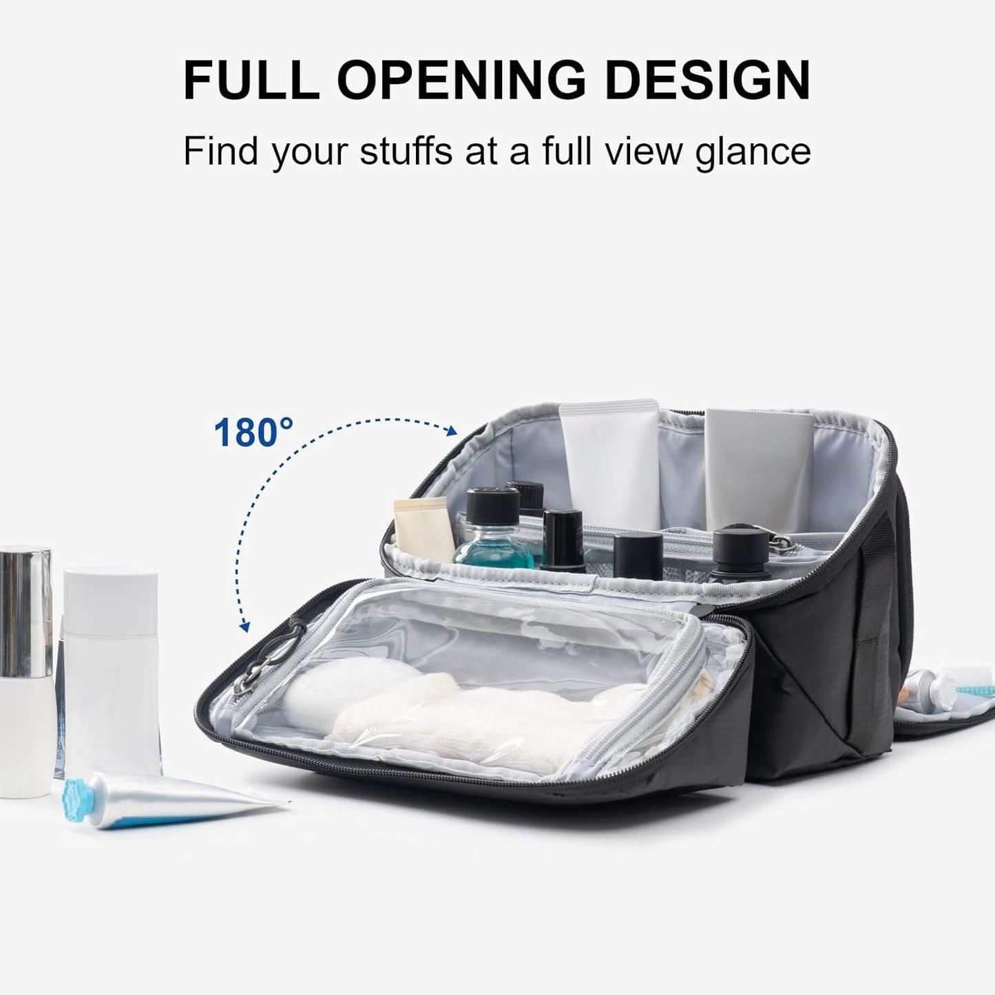 EVERFUN Travel Toiletry Bag for Men and Women Dopp Kit Wide Open Makeup Cosmetic Organizer Water-Resistant Shaving Bag for Toiletries Accessories (Black)