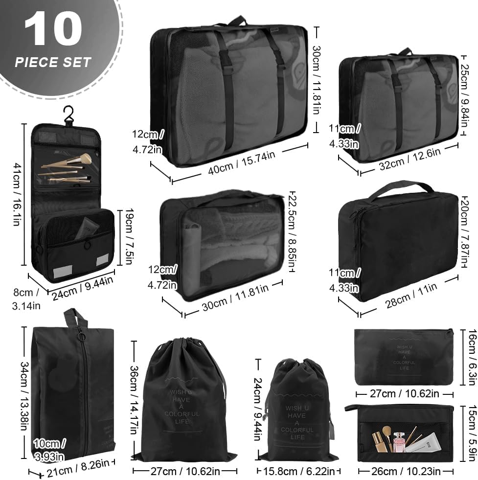 Najdeiuyt Packing Cubes - 10 Set, Black, Nylon or Polyester, Transparent Mesh Panels, Zipper Closure, Ideal for Clothing & Travel