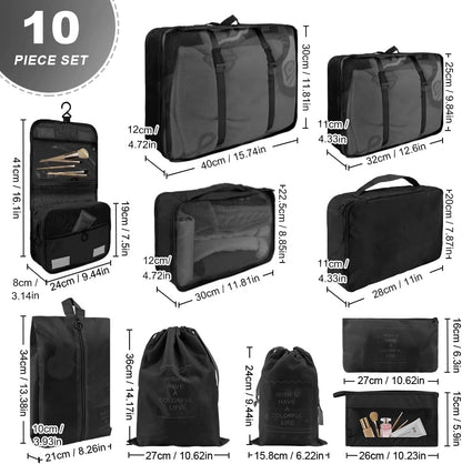 Najdeiuyt Packing Cubes - 10 Set, Black, Nylon or Polyester, Transparent Mesh Panels, Zipper Closure, Ideal for Clothing & Travel