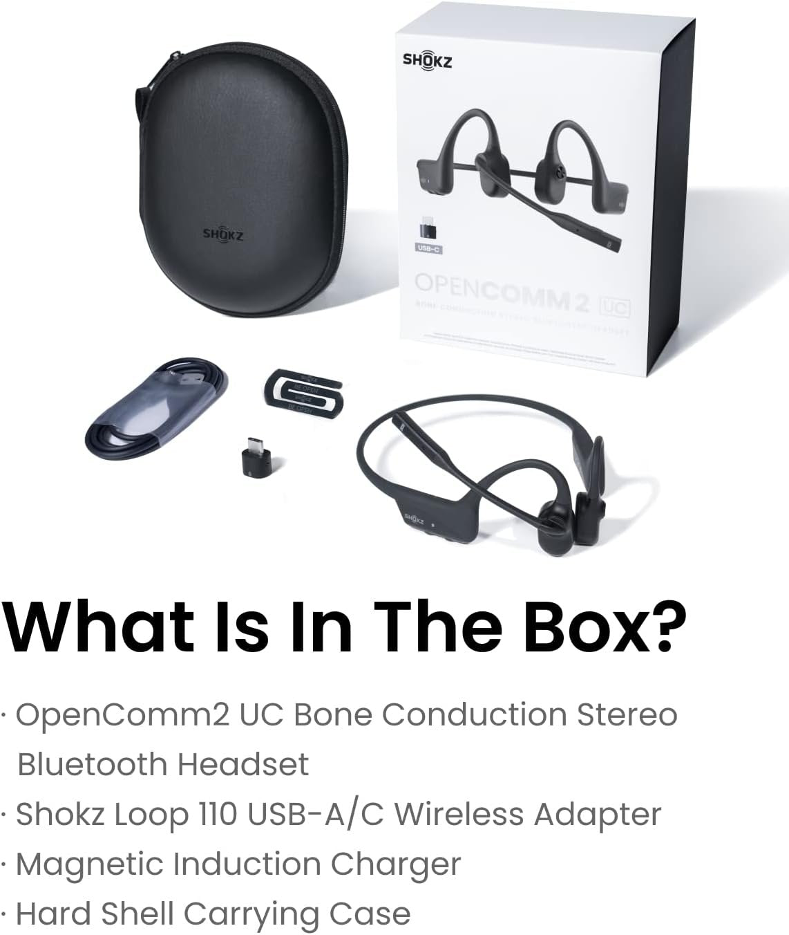 SHOKZ OpenComm2 UC - Bone Conduction Bluetooth Stereo Computer Headset with Boom Mic - USB-C Compatible with PC and Mac - Zoom Certified