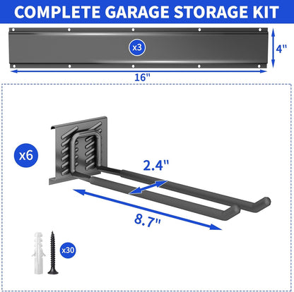 Garage Organization Tool Organizer Wall Mount, 48inch Heavy Duty Garden Tool Storage System, Easy Install With 6 Adjustable Straight Hooks, For Home, Garage, Outdoor, Workshops (Black)
