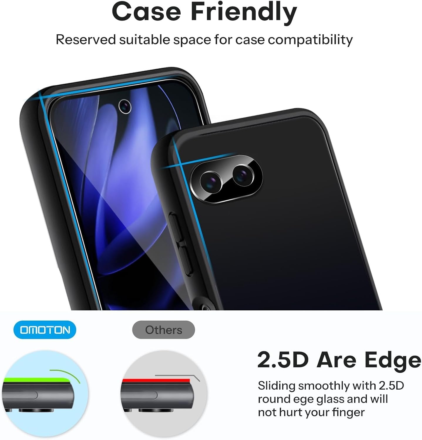 OMOTON 3+2 Pack for Google Pixel 9a Screen Protector, 3 Pack Tempered Glass Screen Protector with 2 Pack Camera Lens Protector for Pixel 9A 2025 Release, Case Friendly/Fingerprint Support