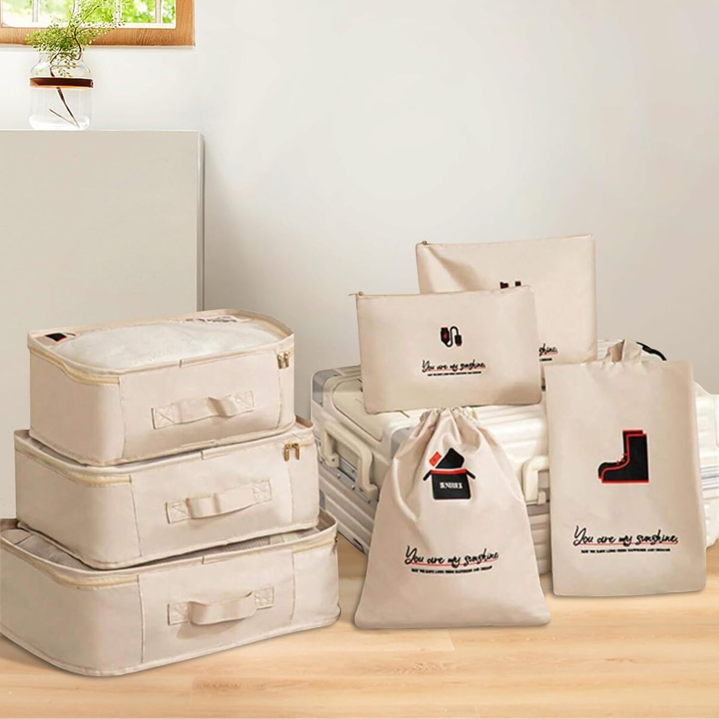 Travel Luggage Organizer Set - 7pcs Packing Cubes, Garment Bags, Shoe Bag, Laundry Bag, Electronics Pouch, Variety Of Sizes(Beige)