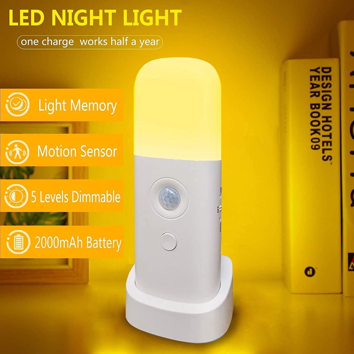 Zoeson Motion Sensor Light Indoor with Base, USB Rechargeable Battery 2000mAh, Dimmable LED Night Light, Bedside Lampfor Kids Room, Bathroom,Living Room, Bedroom(Warm White) (3-Pack)